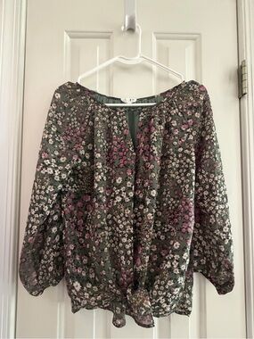 Floral Tie-Hem Peasant Blouse - Olive with Pink & White Floral